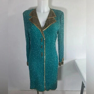 Vintage Eve’s Allure Gold & Teal Silk Sequined Beaded Formal Dress Size Sm‎ 0173
